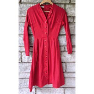 Vintage 50s Cherry Red Button Down Wool Dress